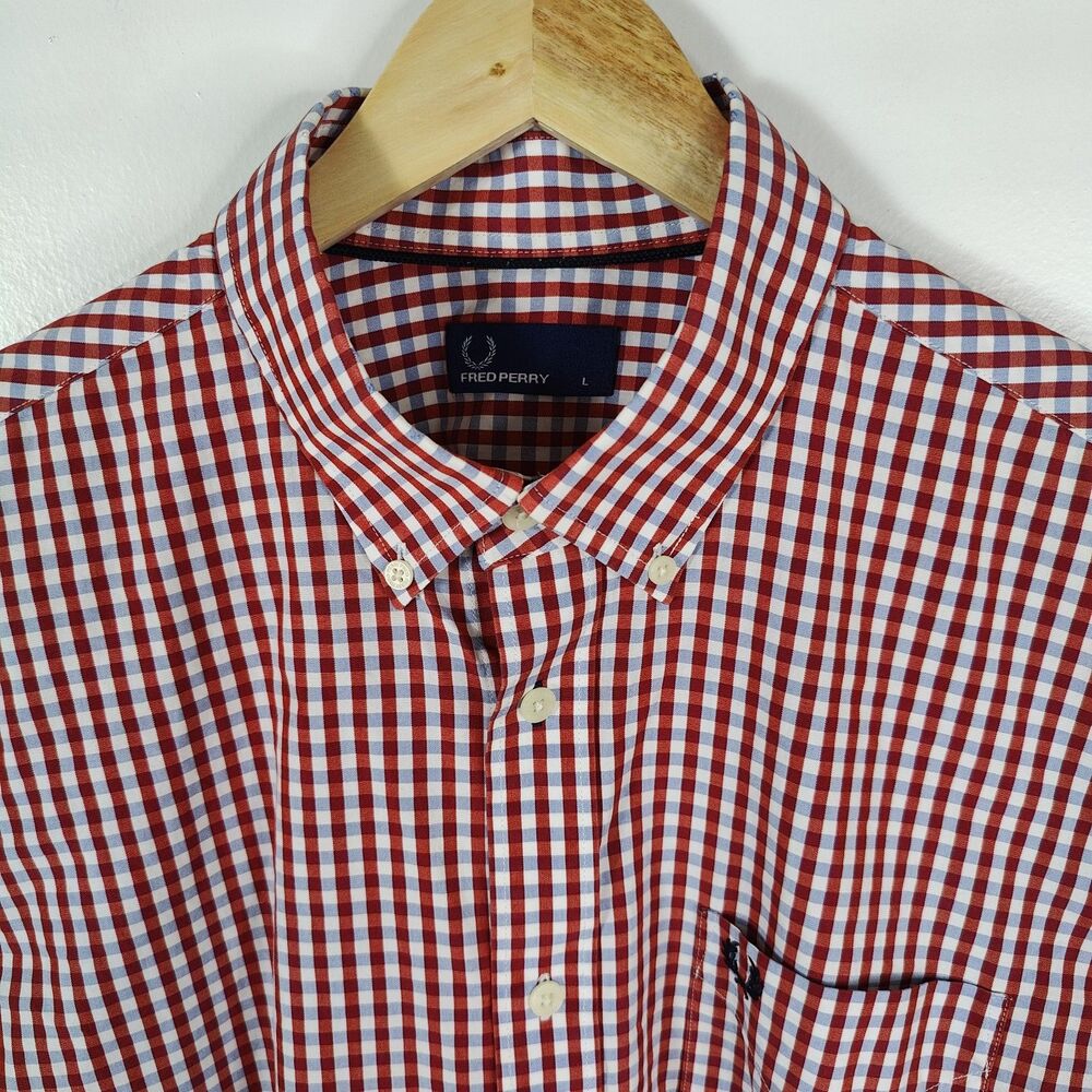 Fred Perry Size Large Red Check Button Down Long Sleeve Preppy Logo Shirt - Picture 3 of 8